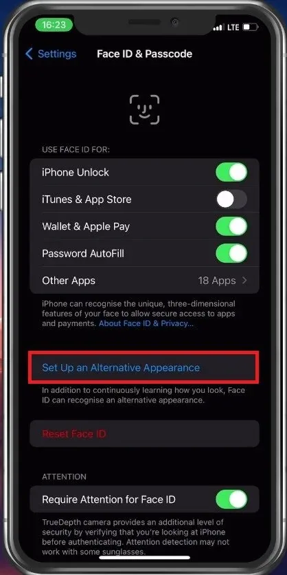 Face ID & Passcode > Set Up an Alternative Appearance