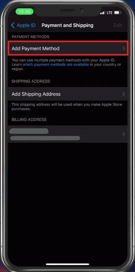 iPhone Settings > Apple ID > Payment and Shipping