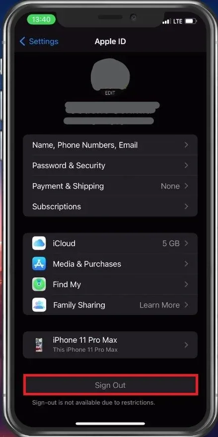 iPhone Settings > Apple ID > Sign Out