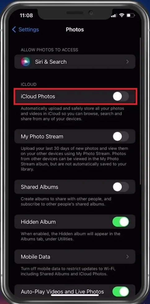 iPhone Settings > Photos > iCloud Photos