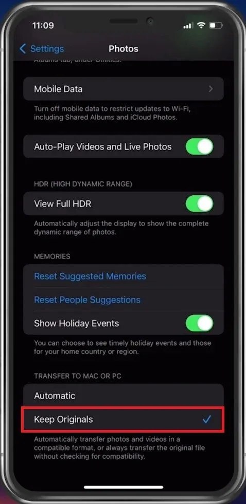 iPhone Settings > Photos > Transfer to Mac or PC