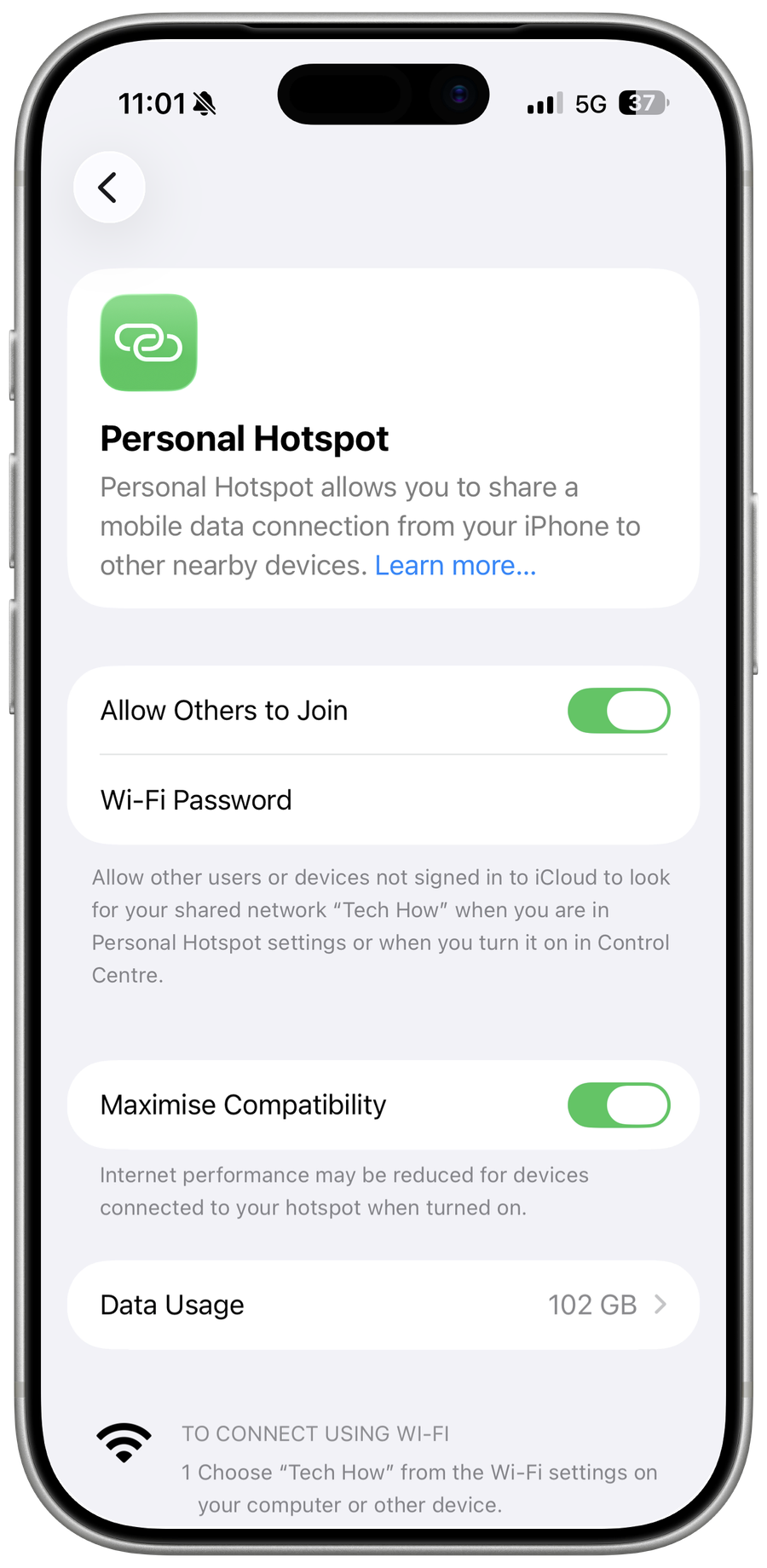 iPhone Personal Hotspot settings with Allow Others to Join enabled