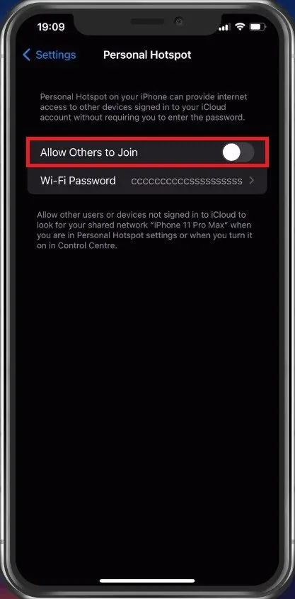iPhone Settings > Personal Hotspot > Allow Others to Join