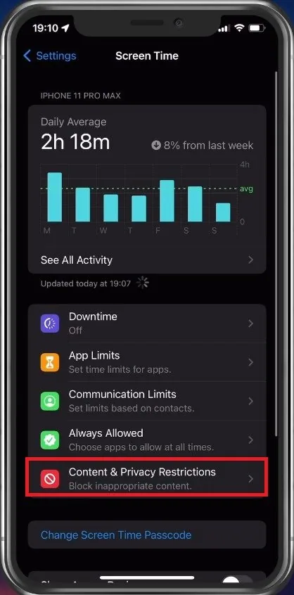 iPhone Settings > Screen Time > Content & Privacy Restrictions