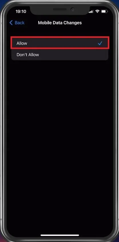 Allow Mobile Data Changes in Screen Time settings