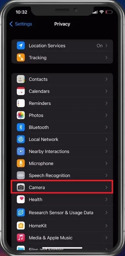 iPhone Settings > Privacy > Camera