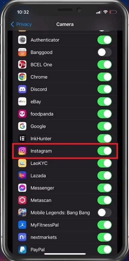 Allow Instagram app Camera access