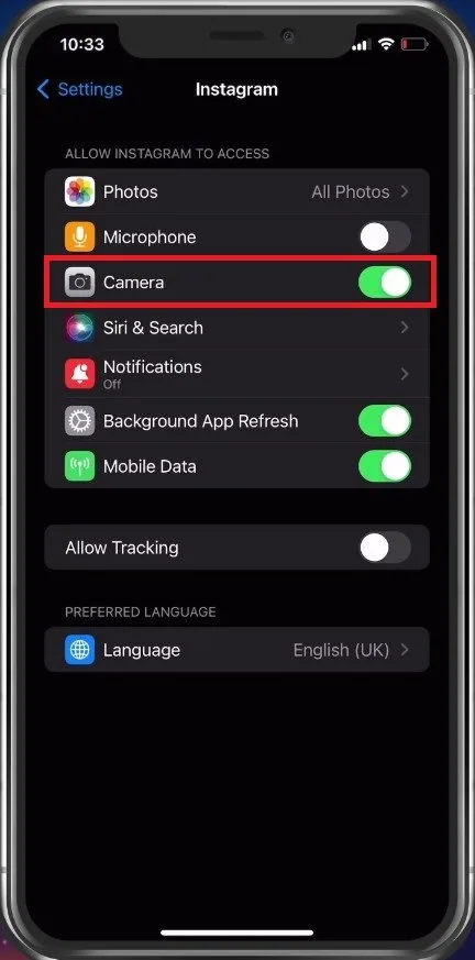iPhone Settings > Instagram > Camera (Allow)