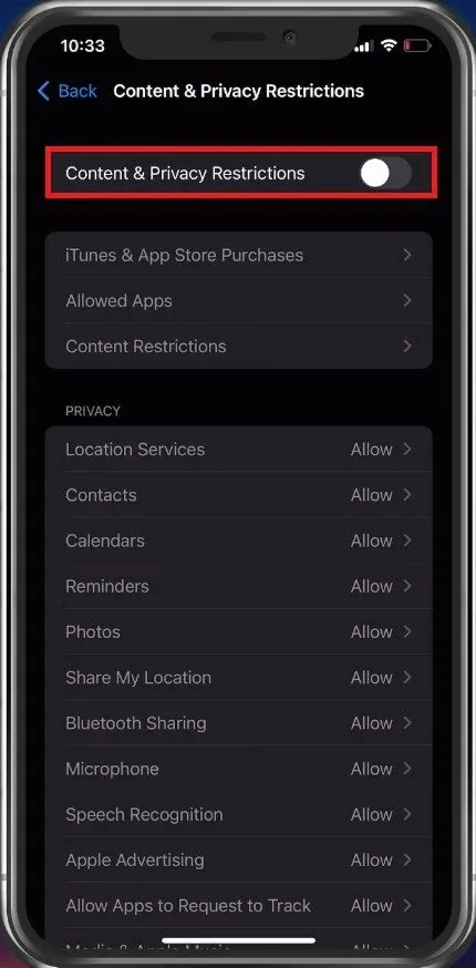 iPhone Settings > Screen Time > Content & Privacy Restrictions