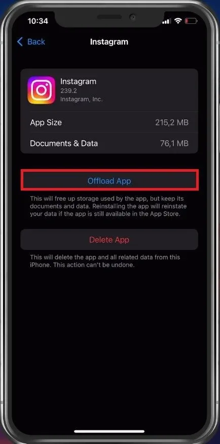 iPhone Settings > General > iPhone Storage > Instagram > Offload App