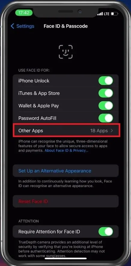 iPhone Settings > Face ID & Passcode > Other Apps