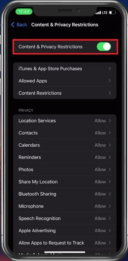 Disable Content & Privacy Restrictions