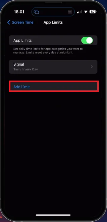 iPhone Settings > App Limits > Add Limit