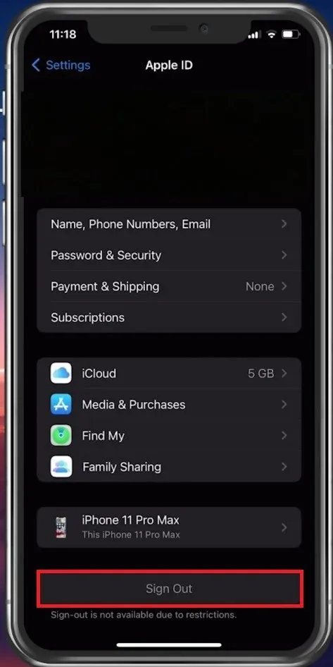 iPhone Settings > Apple ID > Sign Out