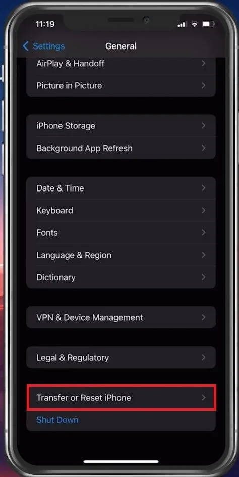 iPhone Settings > General > Transfer or Reset iPhone