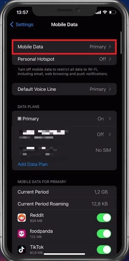 iPhone Settings > Mobile Data