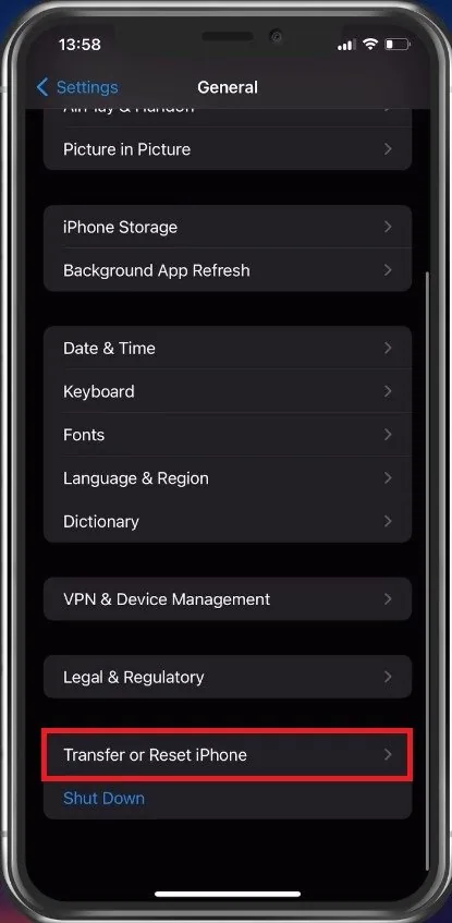 iPhone Settings > General > Transfer or Reset iPhone