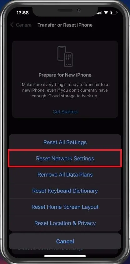 Transfer or Reset iPhone > Reset Network Settings
