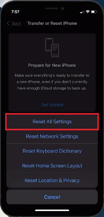 reset all settings