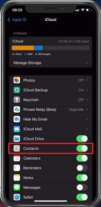 iCloud Settings > Disable Contacts