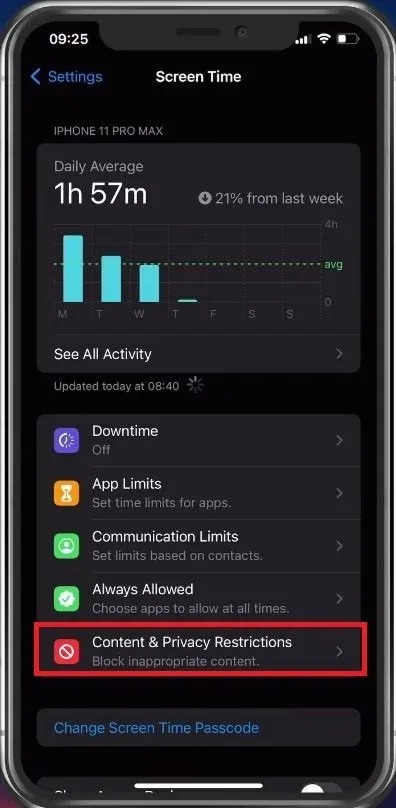 iPhone Settings > Screen Time > Content & Privacy Restrictions