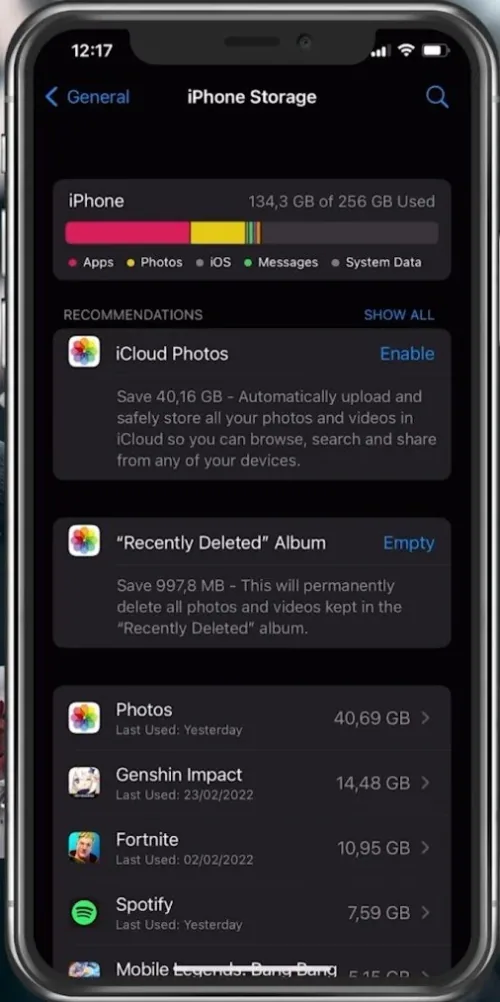 iPhone Settings > General > iPhone Storage