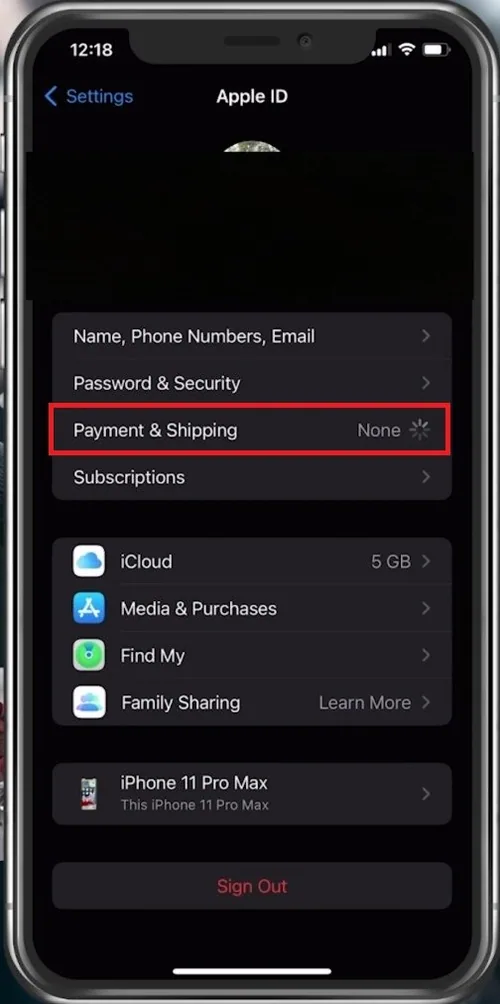 iPhone Settings > Apple ID > Payment & Shipping
