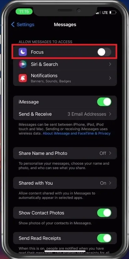 iPhone settings > Messages > Focus