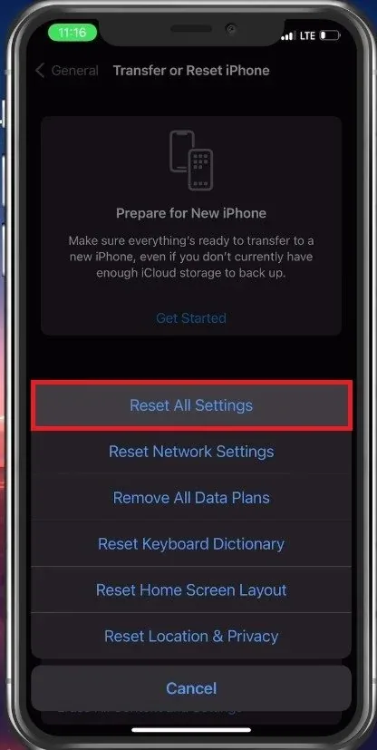 iPhone Settings > General > Transfer or Reset iPhone