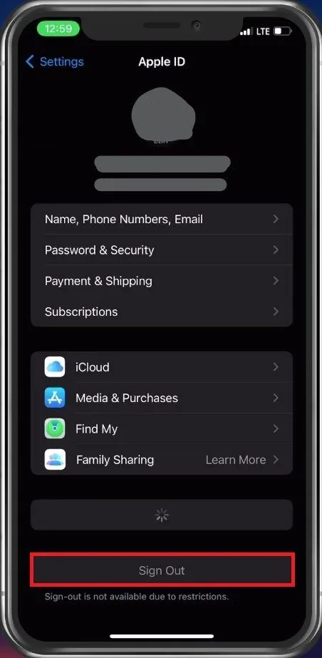 iPhone Settings > Apple ID > Sign Out