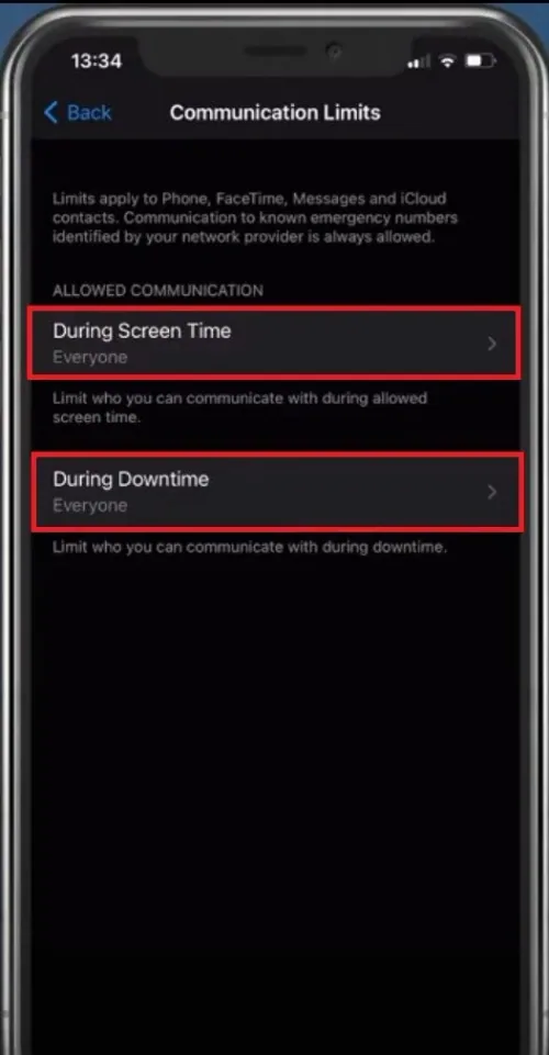 Screen Time > Communication Limits