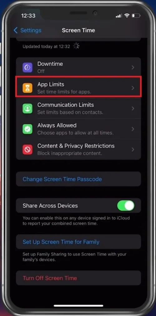 iPhone Settings > Screen Time > App Limits