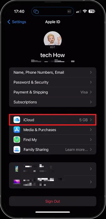 iPhone Settings > Apple ID > iCloud