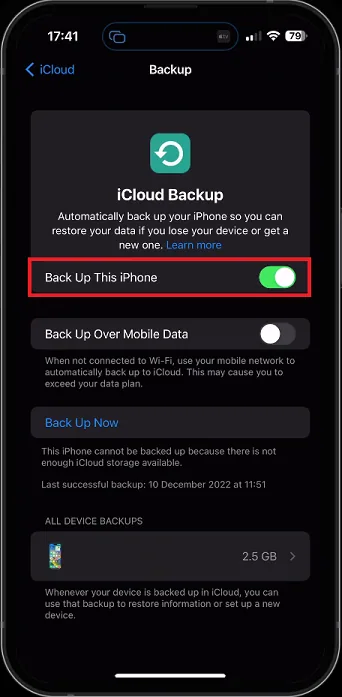Apple ID > iCloud > Backup