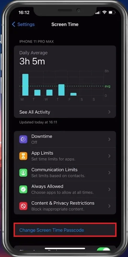 Screen Time > Change Screen Time Passcode