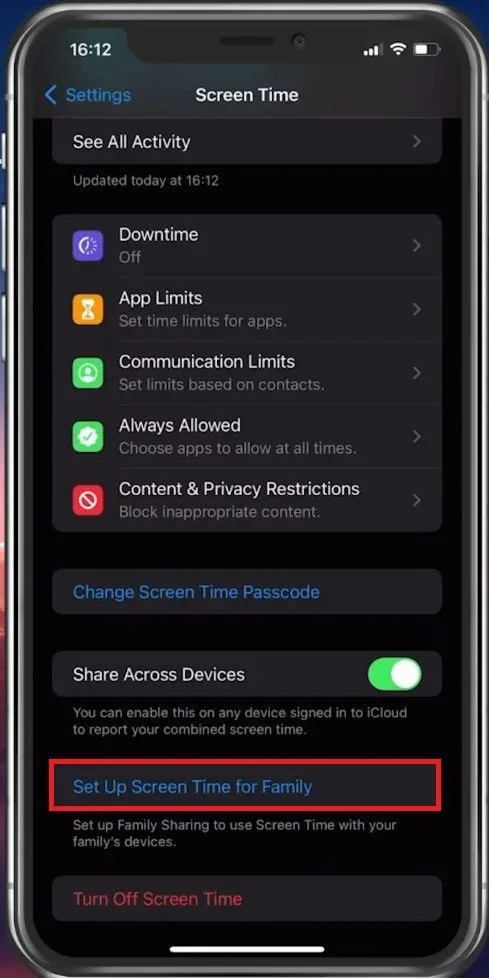 iPhone Settings > Screen Time > Set Up Screen Time for Family