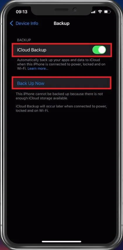 Device Info > Backup > iCloud Backup (Enable)