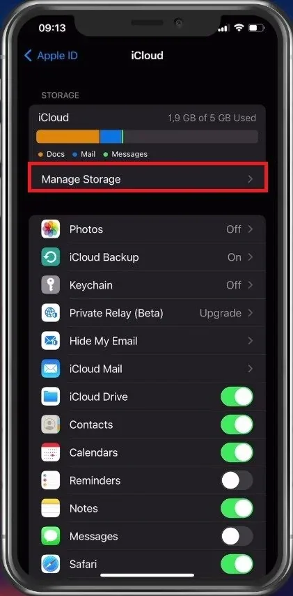 iPhone Settings > Apple ID > iCloud > Manage Storage