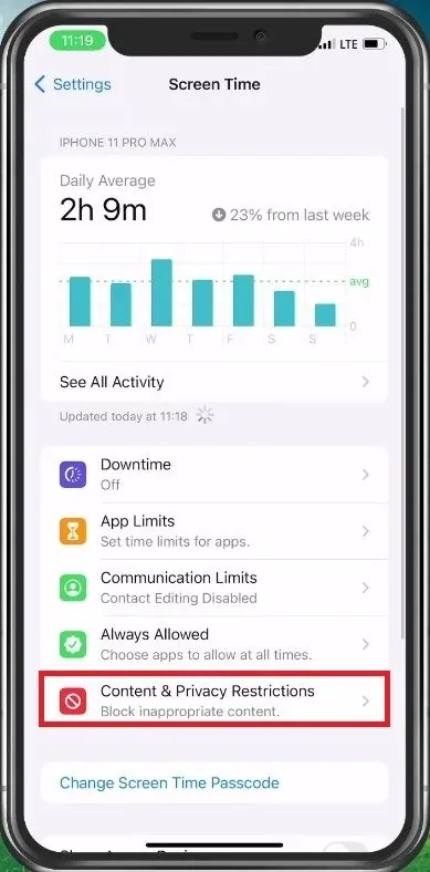 Screen Time > Content & Privacy Restricions