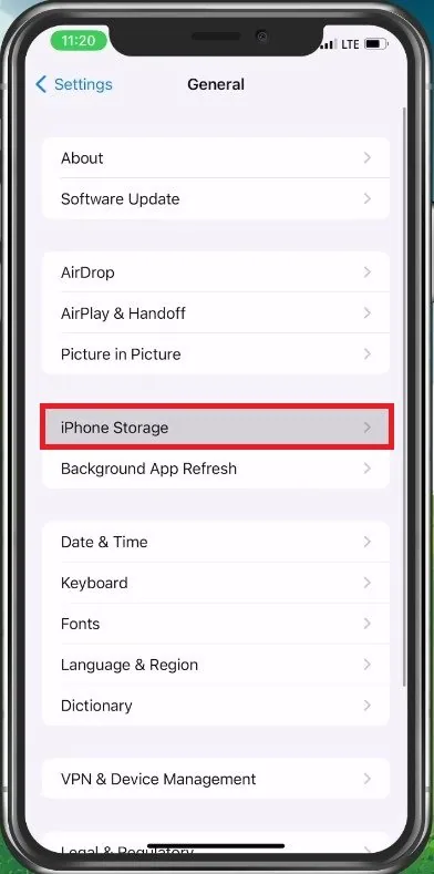 iPhone Settings > General > iPhone Storage