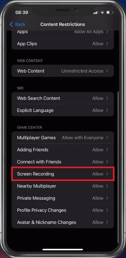 Screen Time > Content Restrictions > Screen Recording