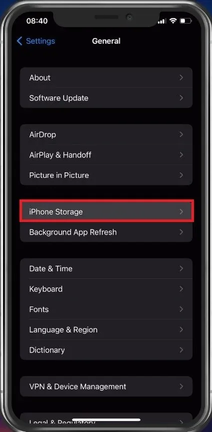 iPhone Settings > General > iPhone Storage