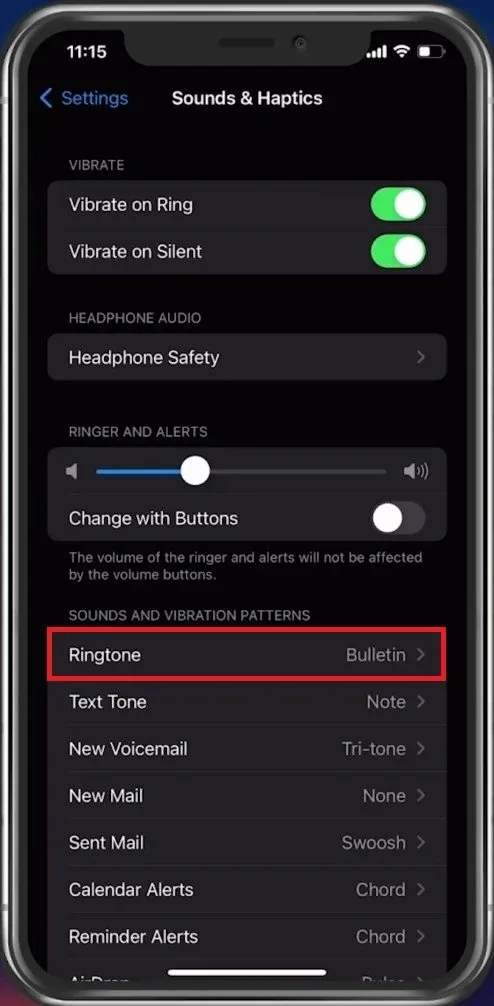 iPhone Settings > Sounds and Haptics