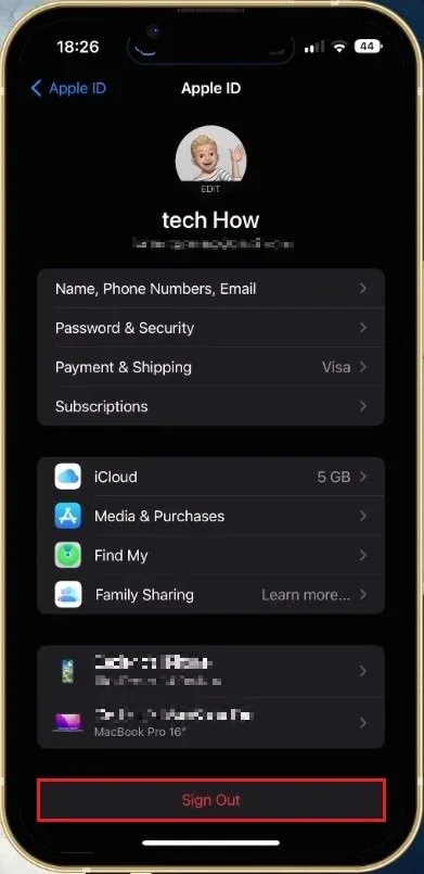 iPhone Settings > Apple ID > Sign Out