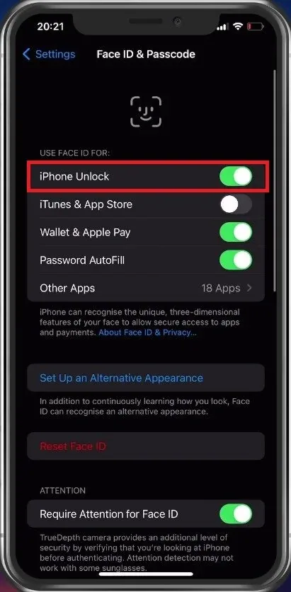 Face ID & Passcode > Use Face ID for: iPhone Unlock