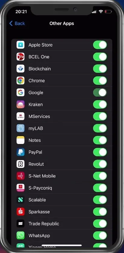 Face ID & Passcode > Other Apps