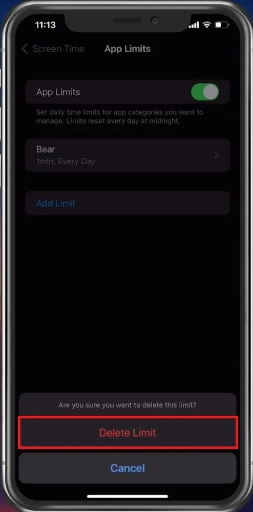 Screen Time > App Limits > Delete Limit