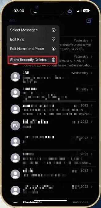 Edit > Show Recently Deleted