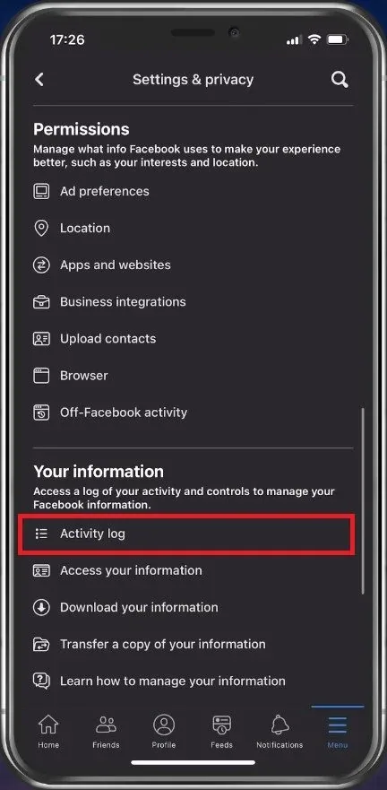 Facebook Settings > Activity Log