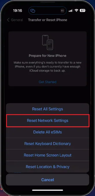 iPhone Settings > General > Transfer or Reset iPhone > Reset Network Settings